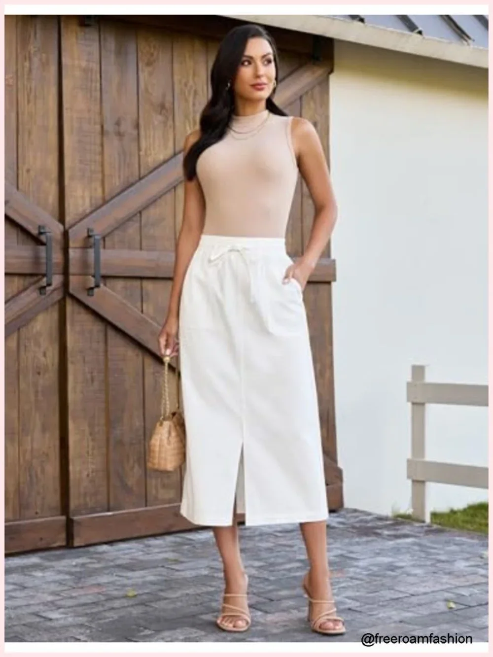 High Waisted Midi Denim Drawstring Elastic Waist Skirt with Pockets Front Slit